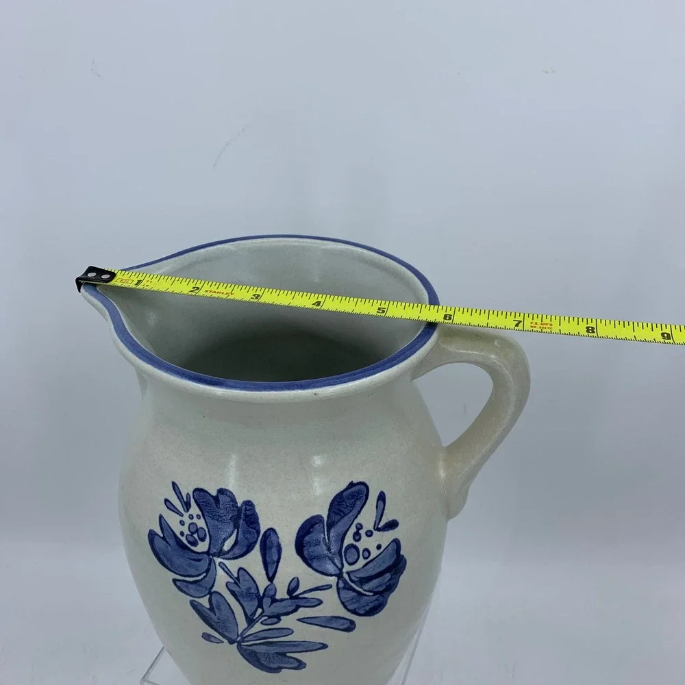 Blue Floral Stoneware Pitcher Country Cottage Folk Art Jug 9